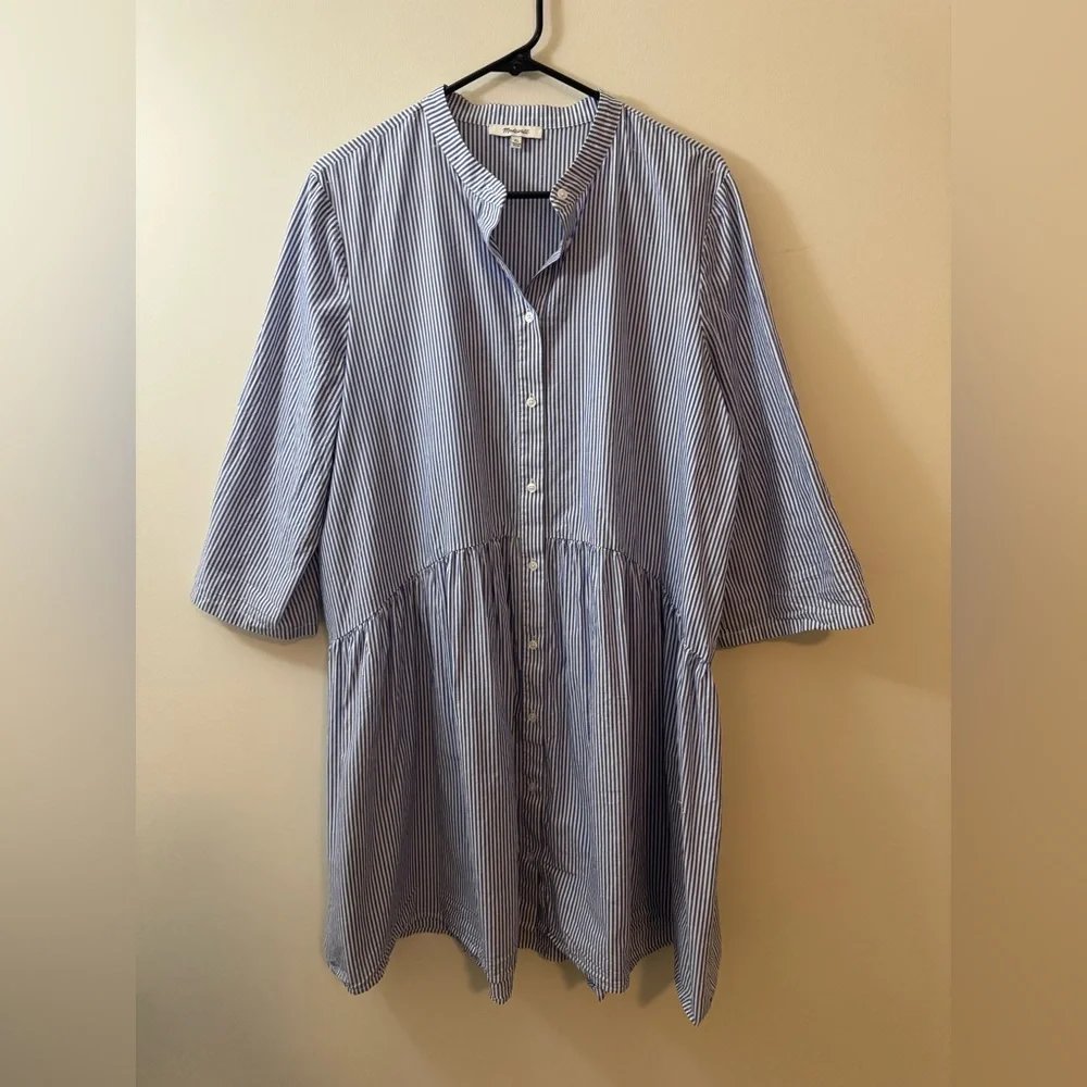 Madewell PERFECT Striped Blue and White 3/4 Sleeve Dress, 100% crisp cotton, XL - Picture 6 of 6